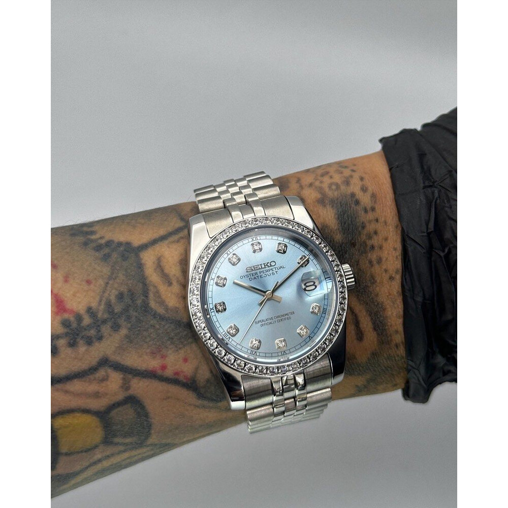 Custom Seiko Mod • Double Diamond Ice Blue DateJust • 36mm